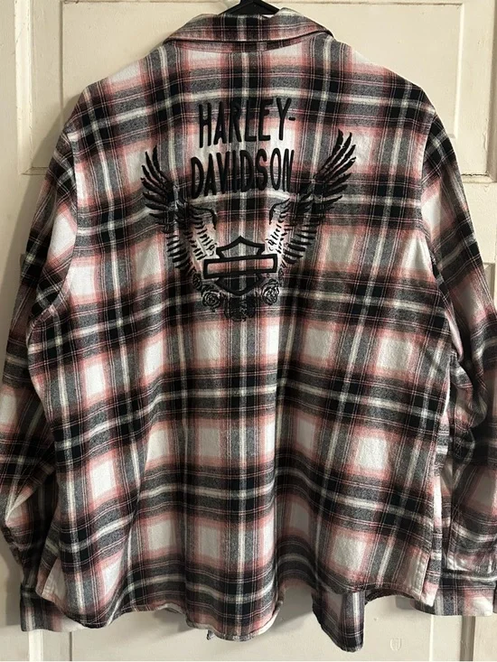 Harley-Davidson Plaid Button-Up Shirt Jacket - Black, White, pink - Picture 4 of 4